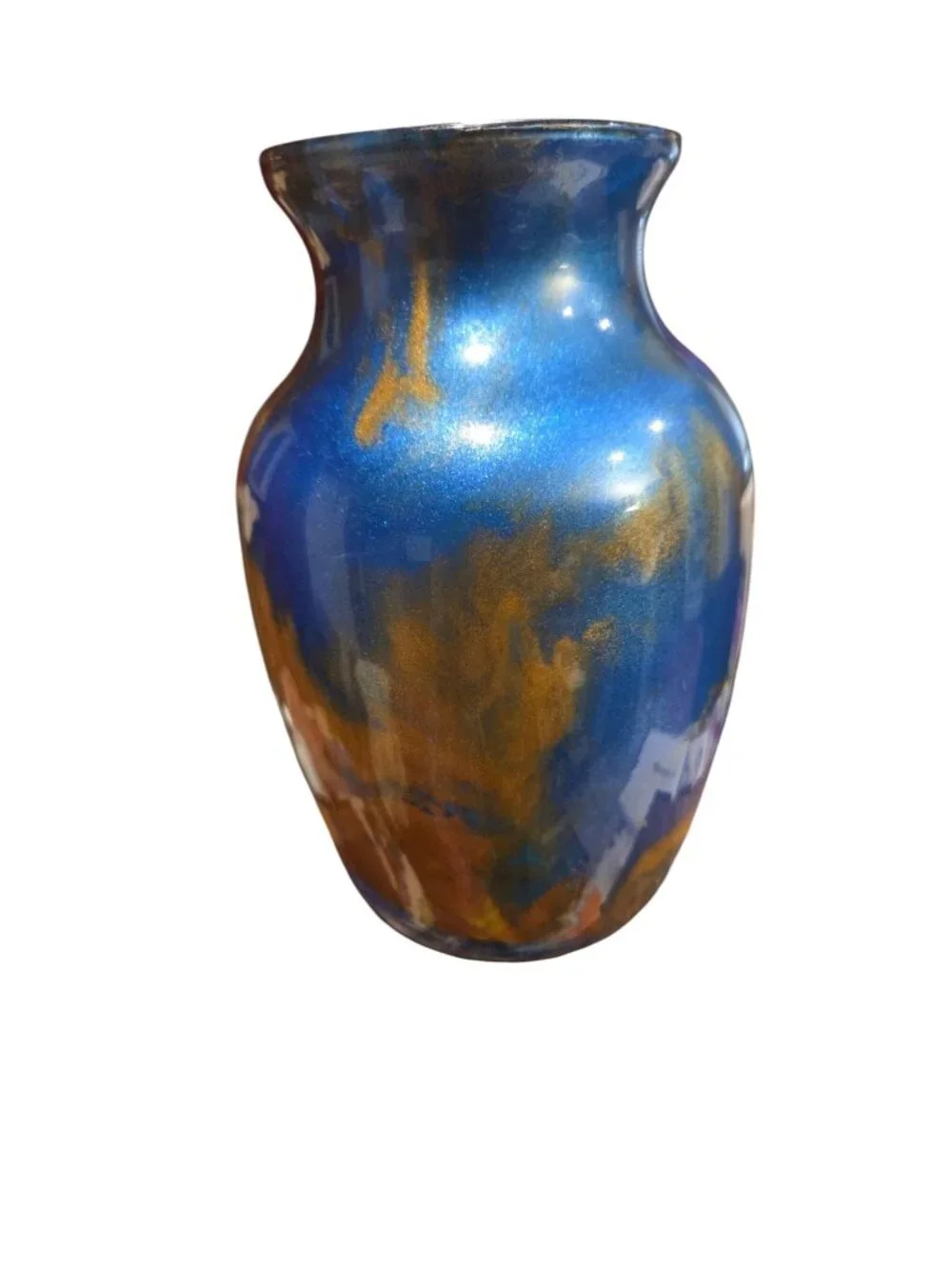 Abstract Fluid Art Glass 7 inch Vase in Metallic Blue Gold Copper, Handmade Art